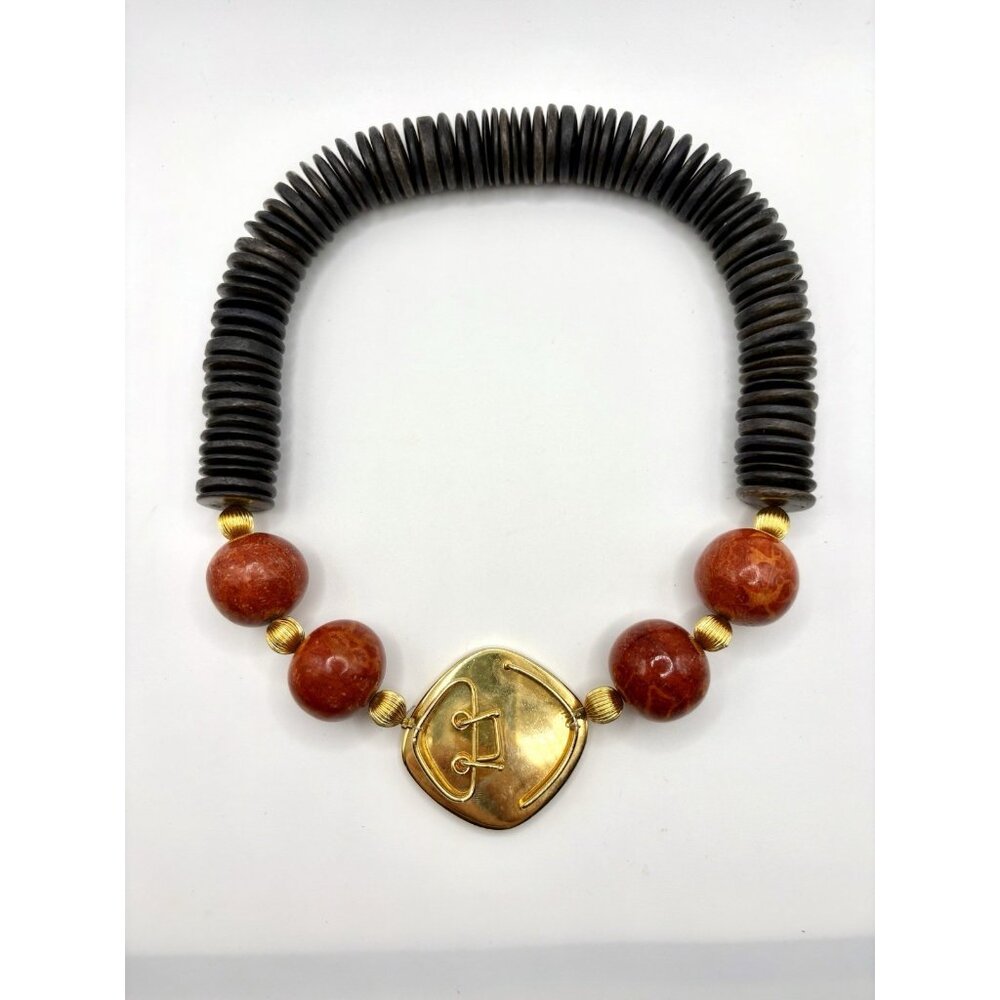 Chunky Vintage Beaded Statement Necklace Wooden Red Black Tribal Ethnic - Picture 3 of 3